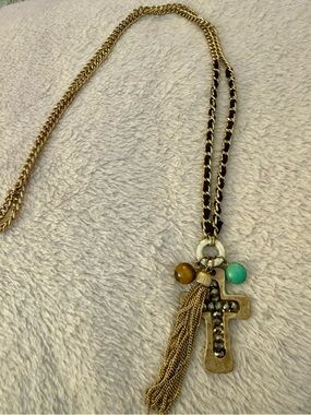 Artisan Boho Gold-Tone Cross Pendant Necklace W/ Turquoise and Tiger Eye Accents
